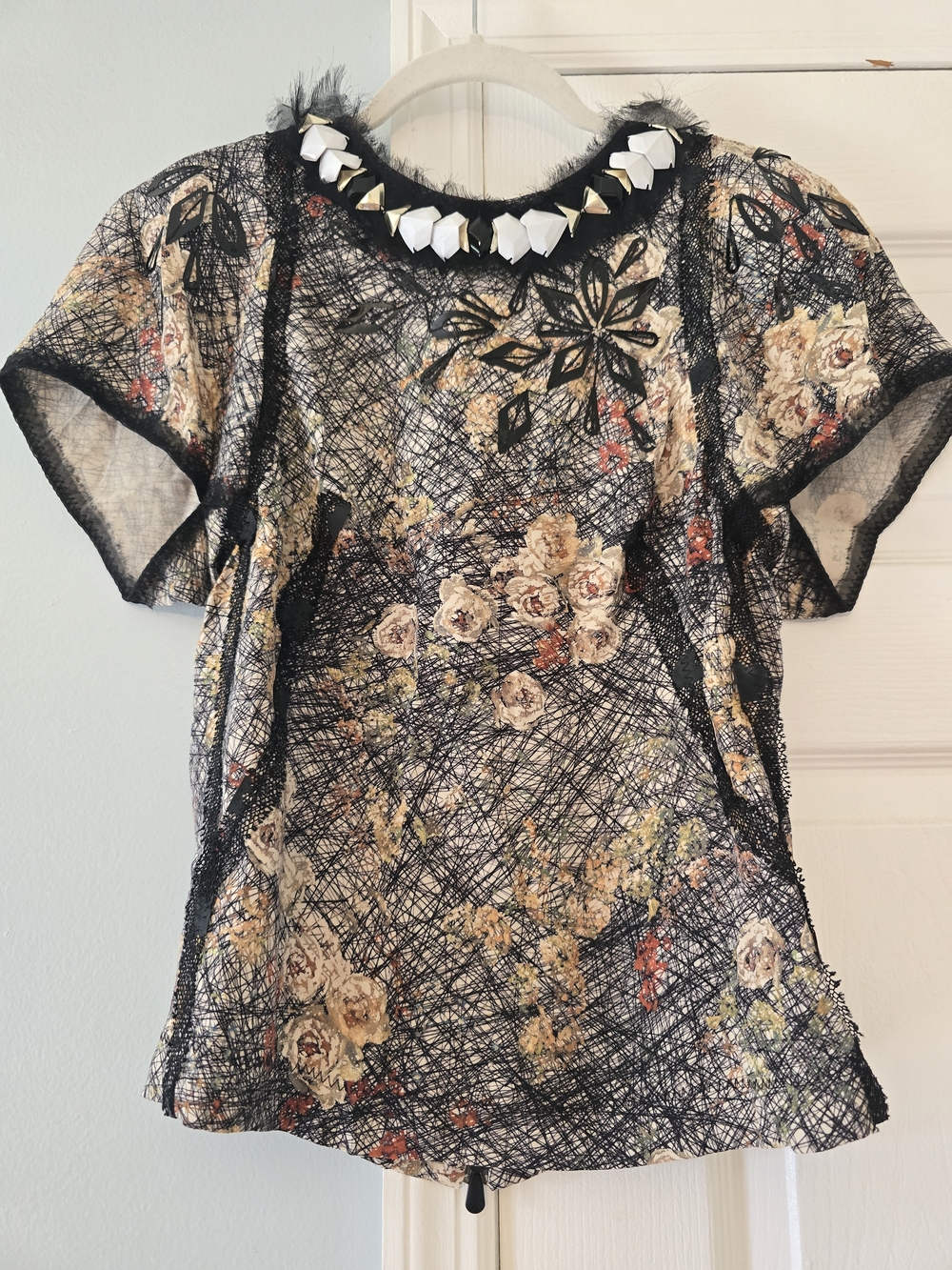 Bottega Veneta Floral Mesh Short-Sleeve Top with Embellished Neckline and Skirt